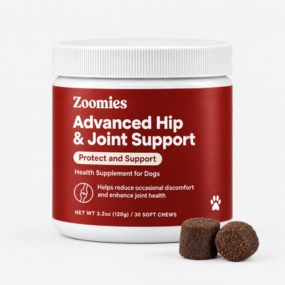 Zoomies Advanced Hip & Joint Support jar with two pork liver soft chews