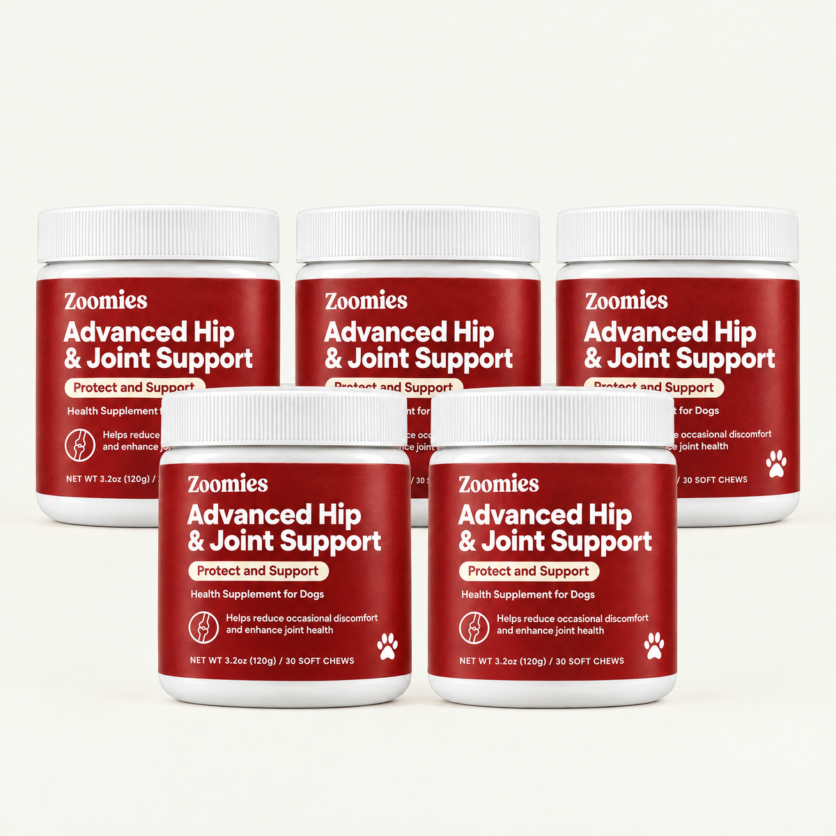 5 jars of Zoomies Advanced Hip & Joint Support
