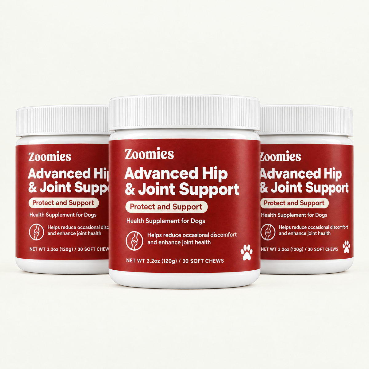 3 jars of Zoomies Advanced Hip & Joint Support