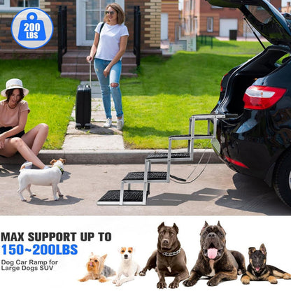 Dog climbing the folding stairs into a car